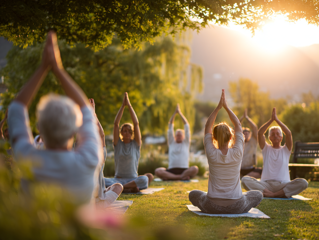 Група людей різного віку займається йогою на природі