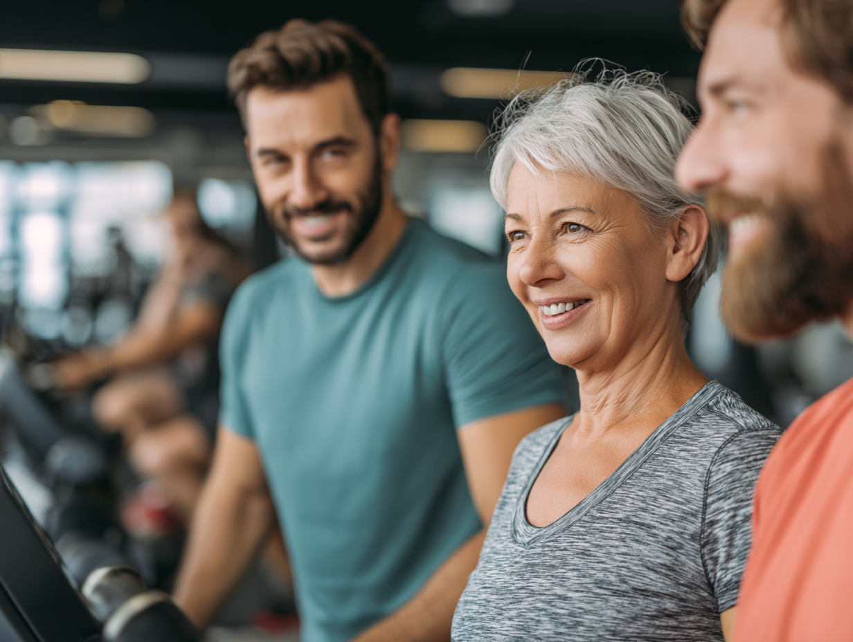 Різновікові люди займаються фітнесом у групі